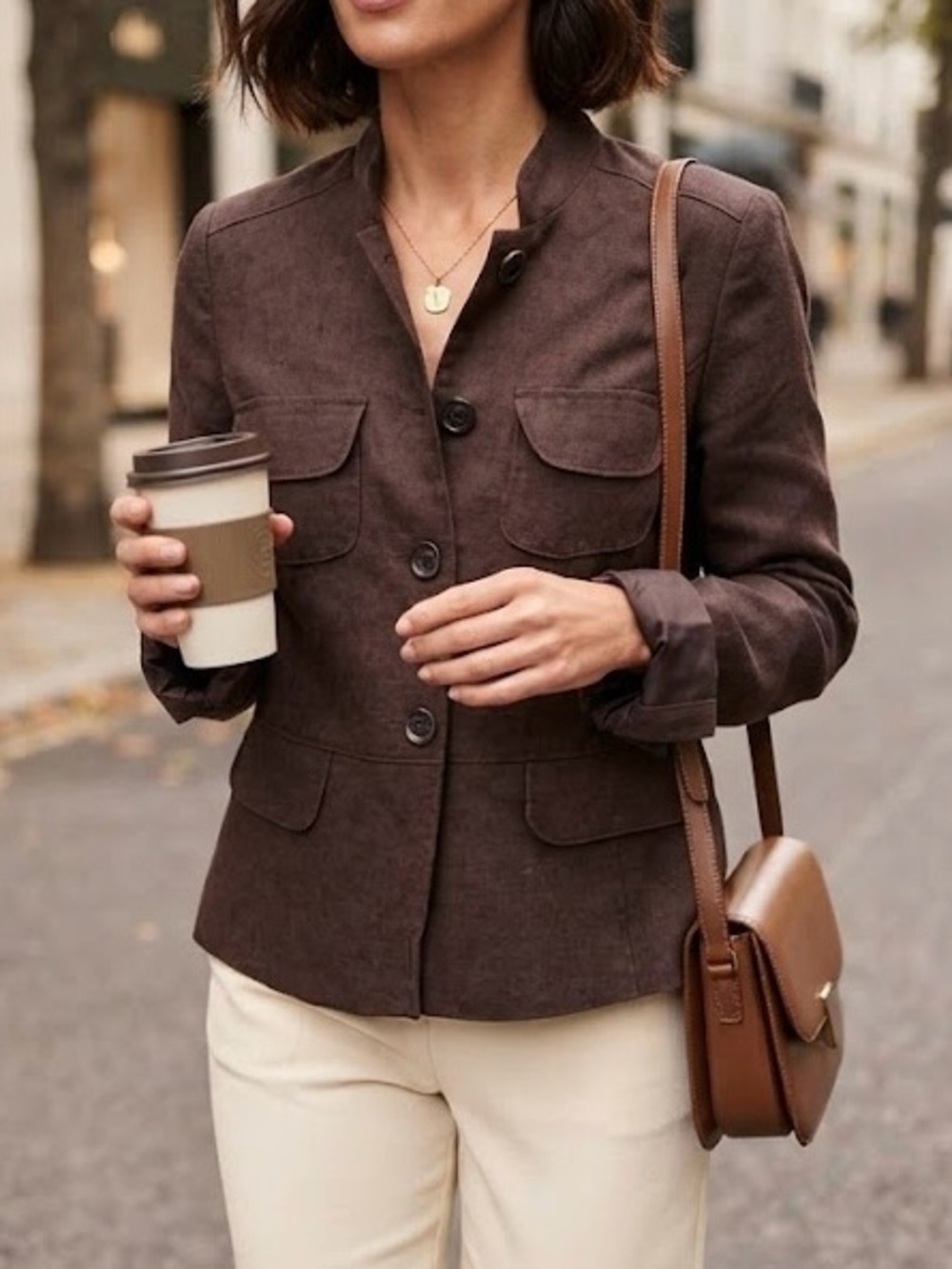 Atmosphere Chocolate Brown Utility Blazer Jacket Linen Blend Earthy Boho Chic